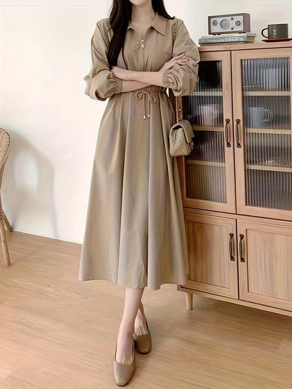 Lapel Tie Dress - Khaki