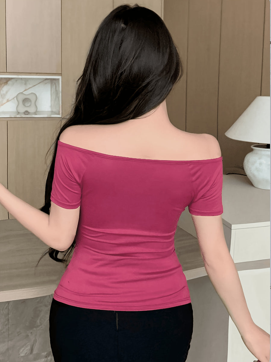 Front Deep V-crisscross Wrap, Back Off-the-shoulder Sleeveless Fitted Short-sleeve T-shirt - Rose Red