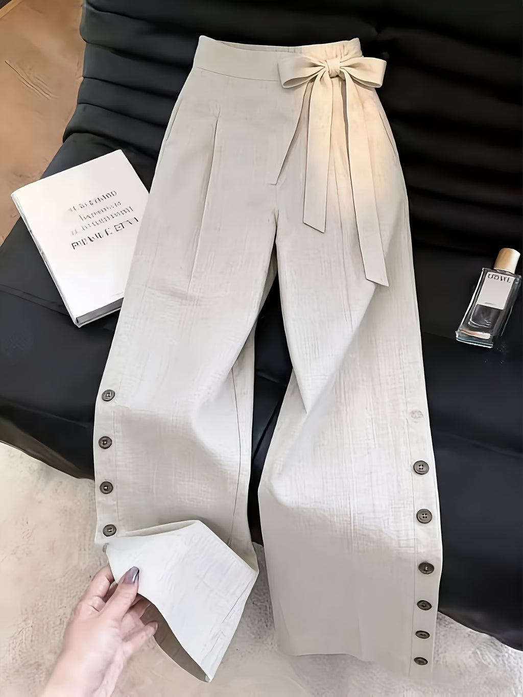 New Summer Apricot Color Vacation Style Wide-Leg Pants, High-Waist with Bow Tie and Button Front, Straight-Leg Casual Trousers YYTT - Apricot