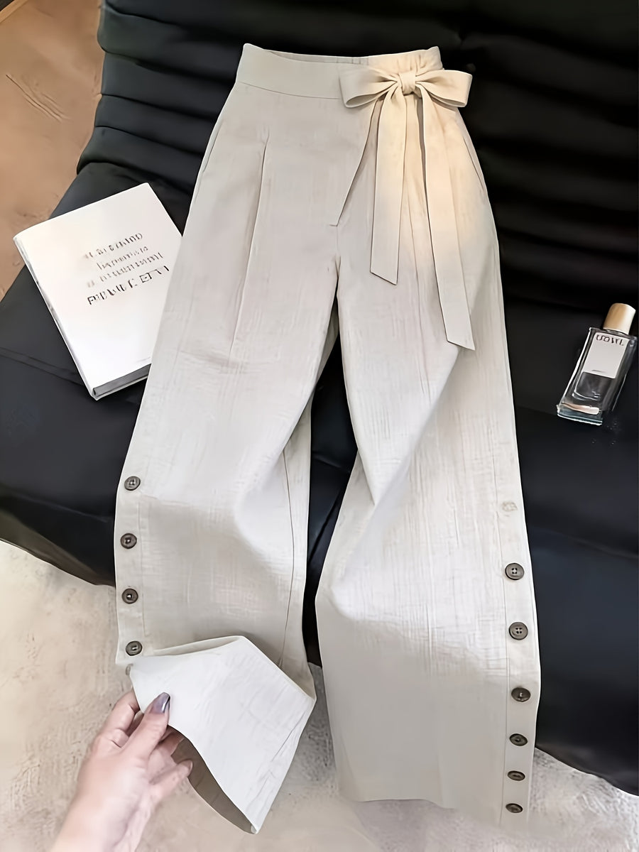 New Summer Apricot Color Vacation Style Wide-Leg Pants, High-Waist with Bow Tie and Button Front, Straight-Leg Casual Trousers YYTT - Apricot