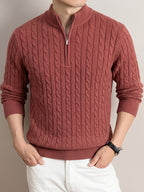 Men'S Half-Zip Jacquard Knit Sweater, Retro Luxury, Breaking The Monotony of Middle-Aged Sweaters, Suitable for Business Casual - SINBOS - Brick Red