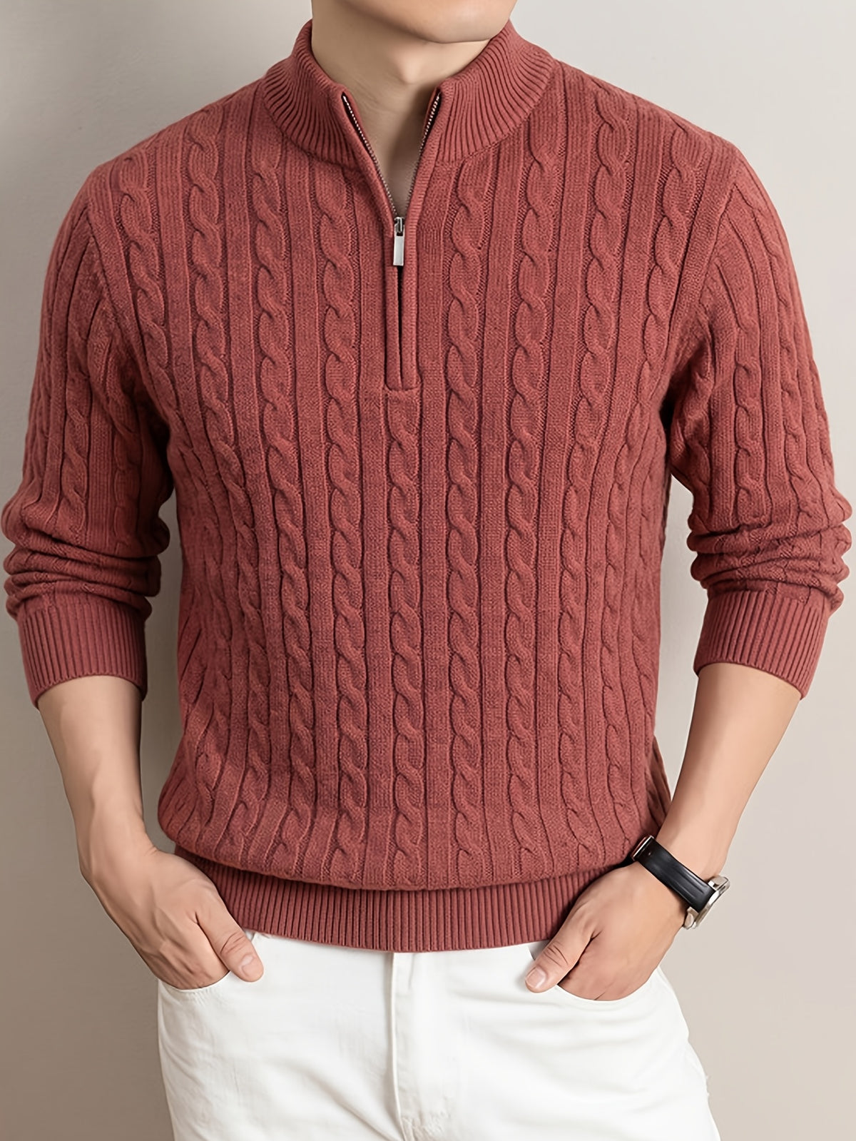 Men'S Half-Zip Jacquard Knit Sweater, Retro Luxury, Breaking The Monotony of Middle-Aged Sweaters, Suitable for Business Casual - SINBOS - Brick Red
