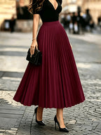 1pc Women's Skirt, Spring/autumn Solid Color Stretch Waist Sun Pleat A-line Skirt - Deep Red