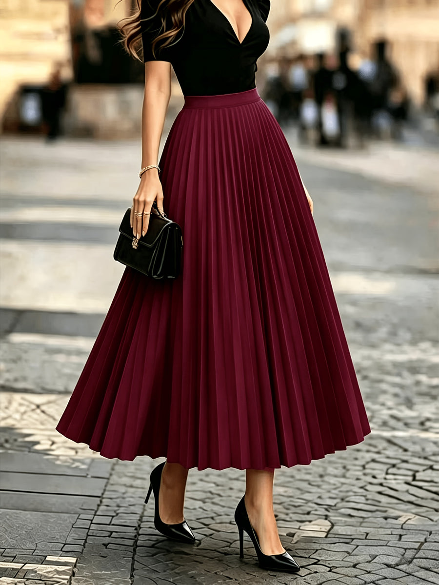 1pc Women's Skirt, Spring/autumn Solid Color Stretch Waist Sun Pleat A-line Skirt - Deep Red