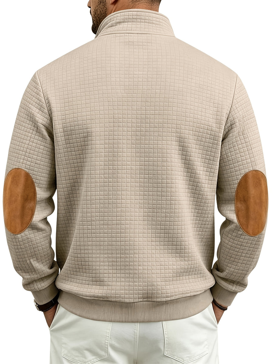 Men's Waffle Knit Casual Loose-Fit Long Sleeve Color-Block Stand Collar Half-Zip Autumn/Winter Sweatshirt - Khaki