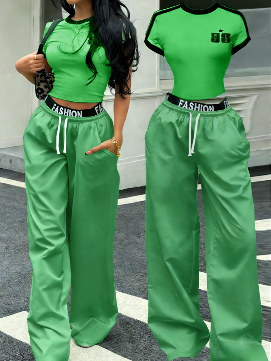 Women's 2pcs Set: Black and White Contrast Striped Cropped Top + Letter-Print Waistband Wide-Leg Pants in Western Hot Style - Green