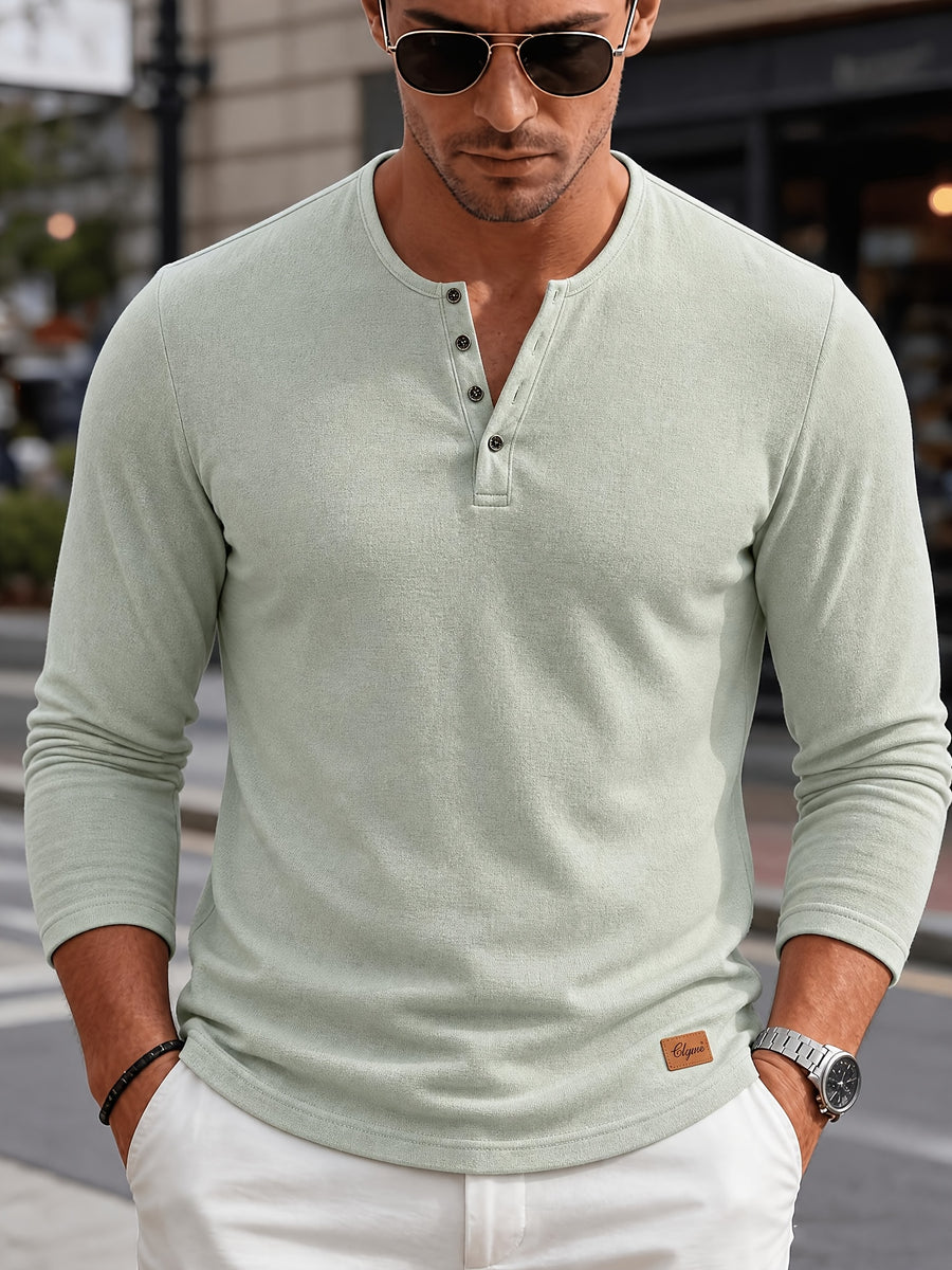 Men's Fashion Henley Shirt, Autumn/Winter Outdoor Casual Top, Made with Refreshing and Breathable Fabric, Solid Color with Semi-Sheer Crew Neck, Single-Breasted Front, Hem Decorative Tab Design, Long Sleeve - Light Green