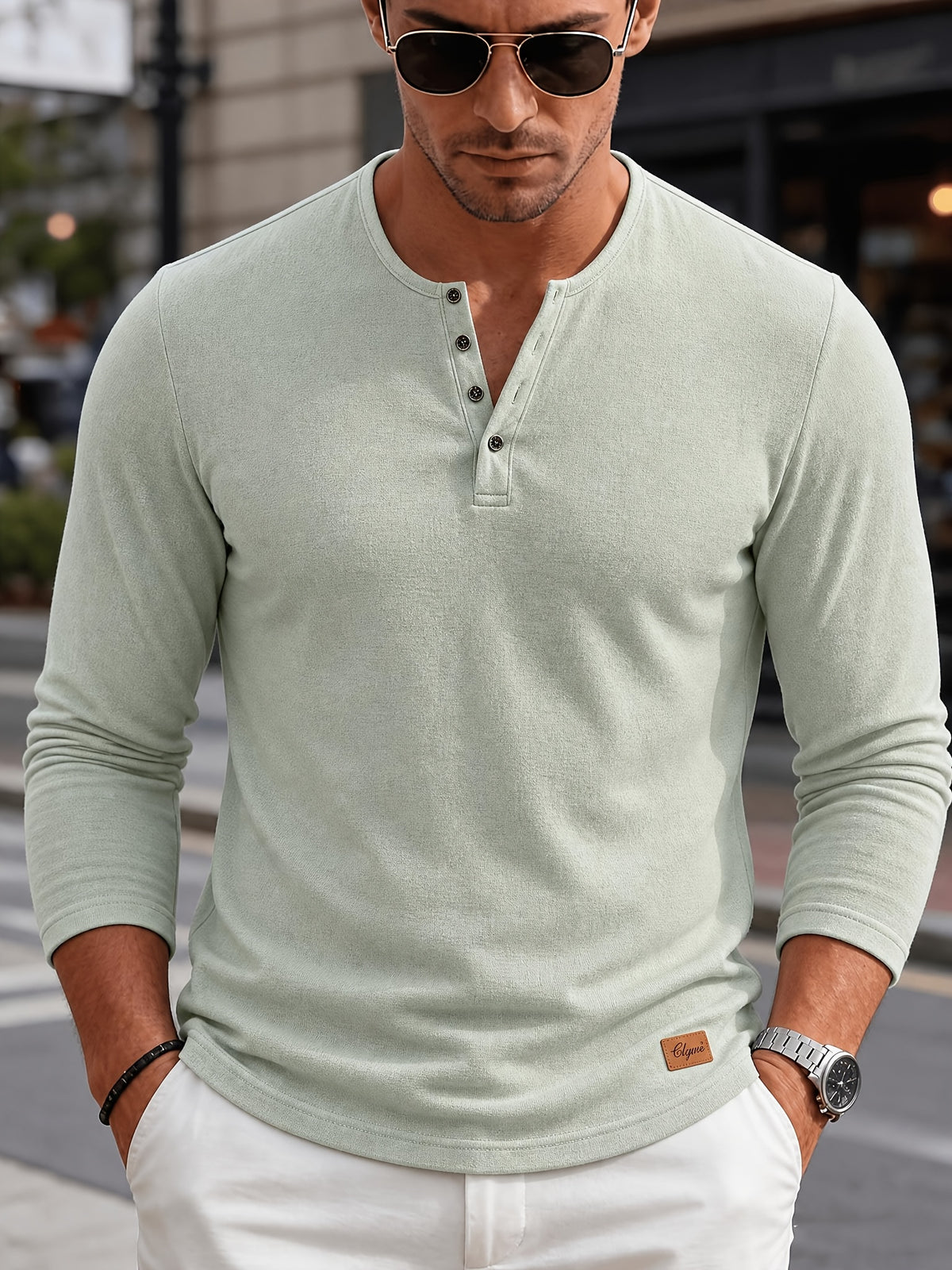 Men's Fashion Henley Shirt, Autumn/Winter Outdoor Casual Top, Made with Refreshing and Breathable Fabric, Solid Color with Semi-Sheer Crew Neck, Single-Breasted Front, Hem Decorative Tab Design, Long Sleeve - Light Green