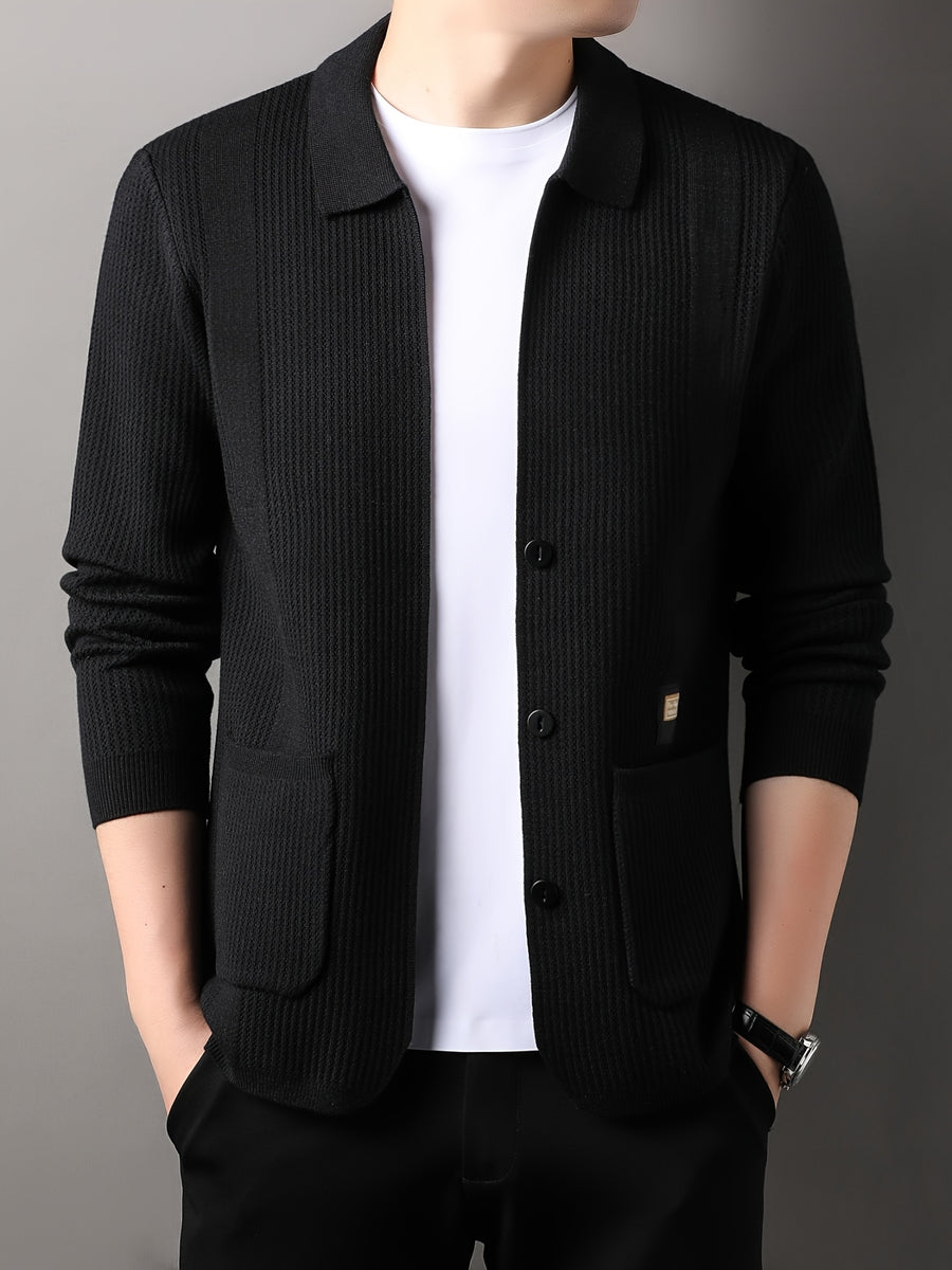 Du Jing Lan OBM Spring/Summer New Arrival Men's Knitted Cardigan, Old Money Style Solid Color Lapel Long Sleeve Open Front Knit Cardigan, Men's Business Casual Fashion Single-Breasted Ribbed Sweater Jacket with Side Pockets, Suitable for Layering - Black