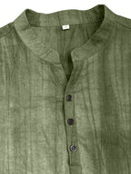 Men'S Summer Casual Henley Shirt, Preppy Style Thin Stand-Up Collar Short Sleeve T-Shirt, Retro Crinkle Ramie Pullover Men'S Top - Olive Green