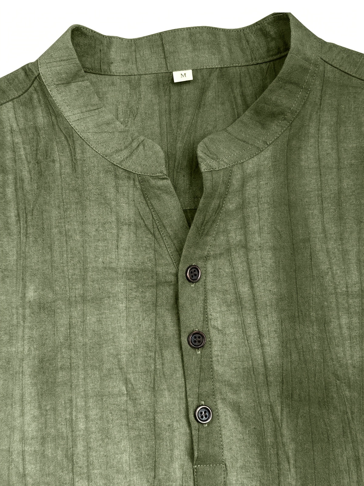 Men'S Summer Casual Henley Shirt, Preppy Style Thin Stand-Up Collar Short Sleeve T-Shirt, Retro Crinkle Ramie Pullover Men'S Top - Olive Green