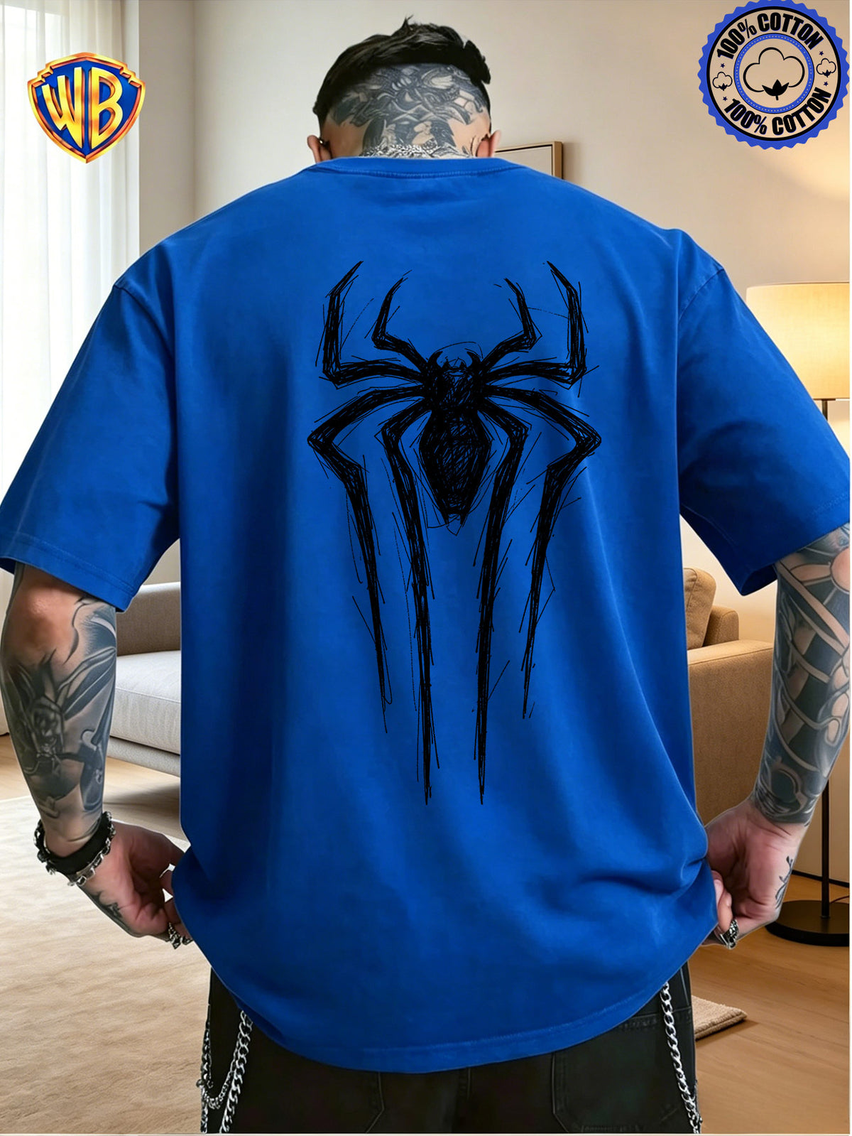 Unisex T-shirt Featuring a Niche Dark Aesthetic with Hand-painted Front and Back Dual-position Combination Prints, Creating a Low-key, Cool, Eye-catching, and Trendy Campus Style - Blue