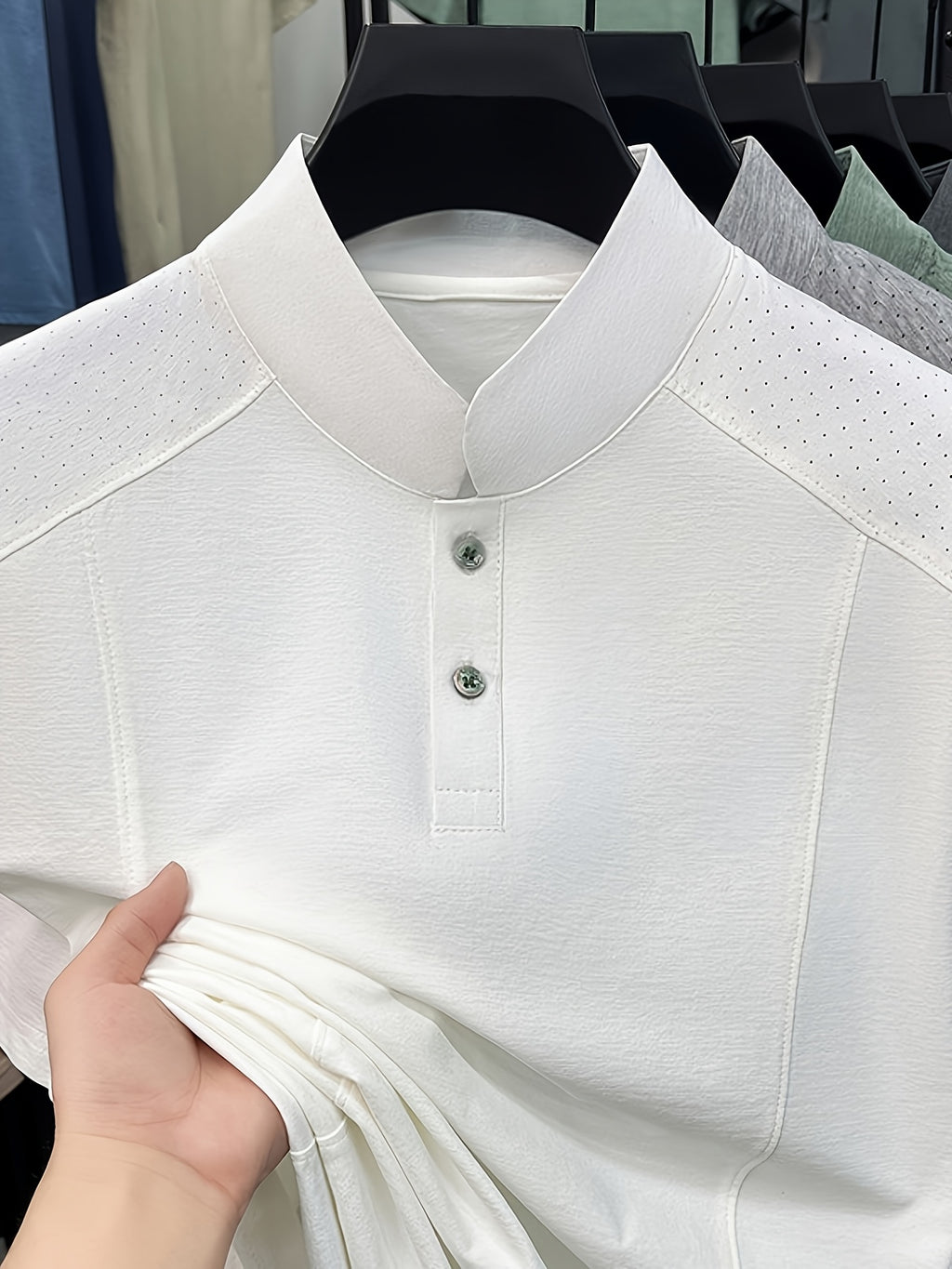Men's Summer Short-Sleeve Stand Collar T-Shirt - Breathable Small Base Layer Shirt, Solid Color Business Casual Top Suitable for Daily Work Wear, Machine Washable & Dry Cleanable, Asymmetrical Hem - White