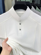 Men's Summer Short-Sleeve Stand Collar T-Shirt - Breathable Small Base Layer Shirt, Solid Color Business Casual Top Suitable for Daily Work Wear, Machine Washable & Dry Cleanable, Asymmetrical Hem - White