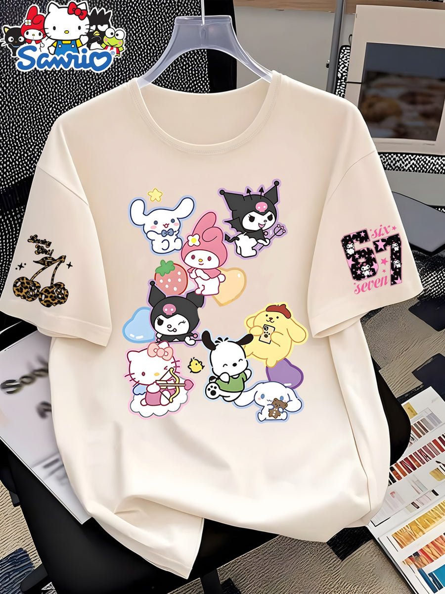 New Summer Cross-Border European and American Women's Short-Sleeve T-Shirt, Cute Cartoon Sanrio Co-Branded Print, Loose Fit Round Neck Short-Sleeve Casual Top, Comfortable and Stylish Swear and , Multiple Color Options, Easygoing Style - Apricot