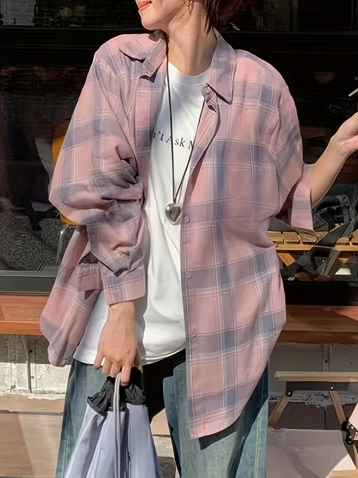 Women'S Shirt Multicolor Brushed Plaid Shirt Loose Top - Pink