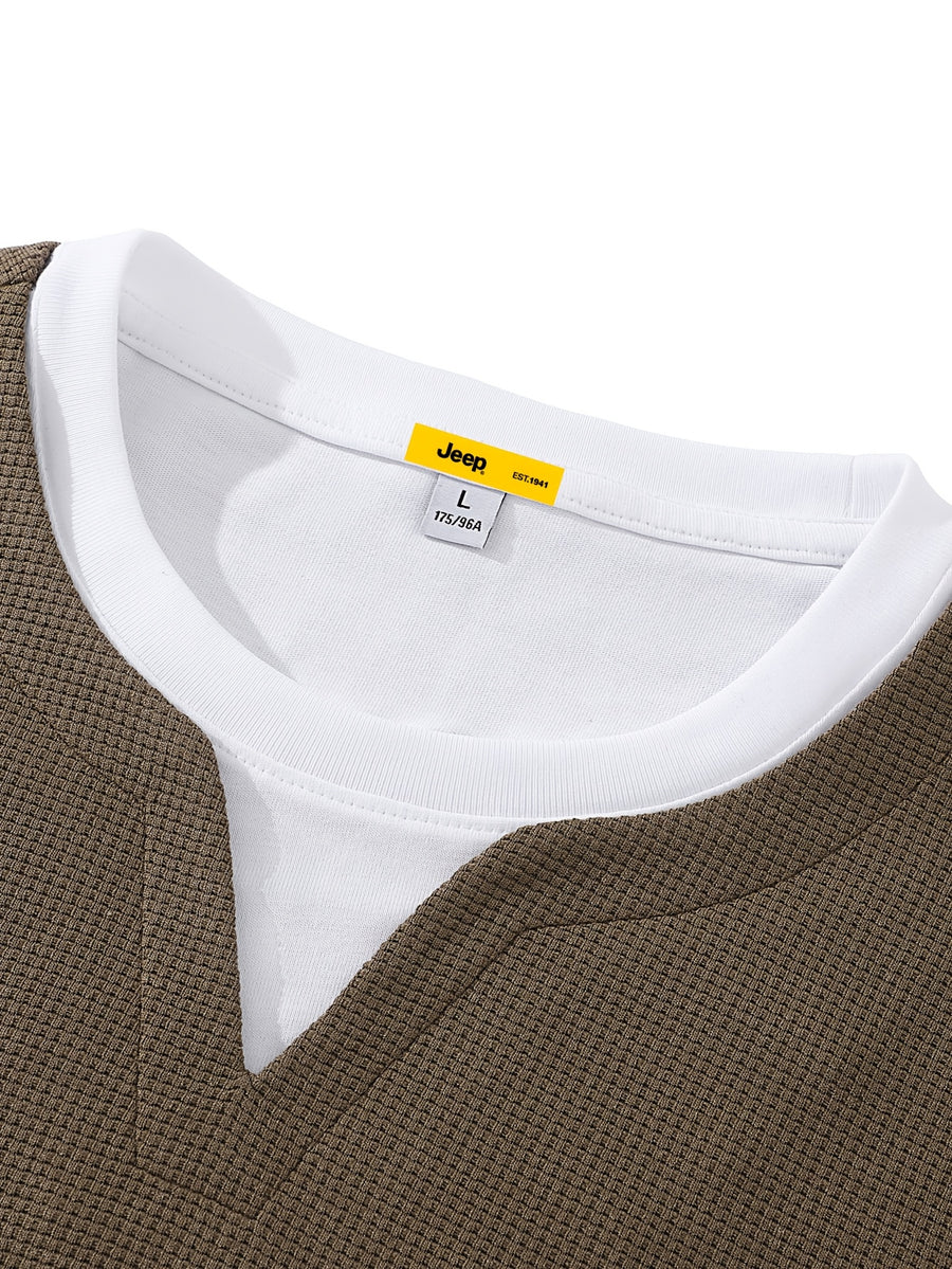 JEEP Men's Spring/Autumn Waffle Knit Colorblock 2-in-1 Look Long T-shirt - Coffee Color