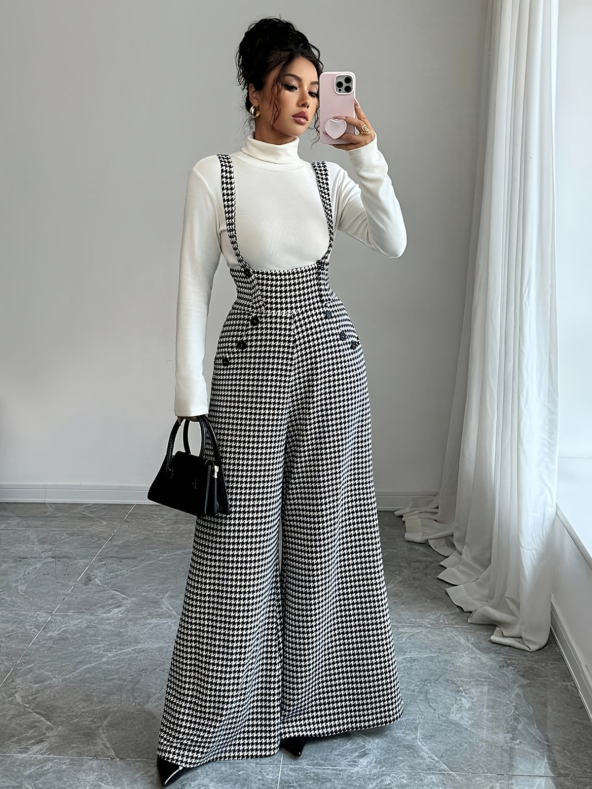 Elegant Women'S Houndstooth Camisole Straight Wide-Leg Suspender Pants, Retro Casual Overalls, All-Season Versatile for Fall And Winter - Multicolor