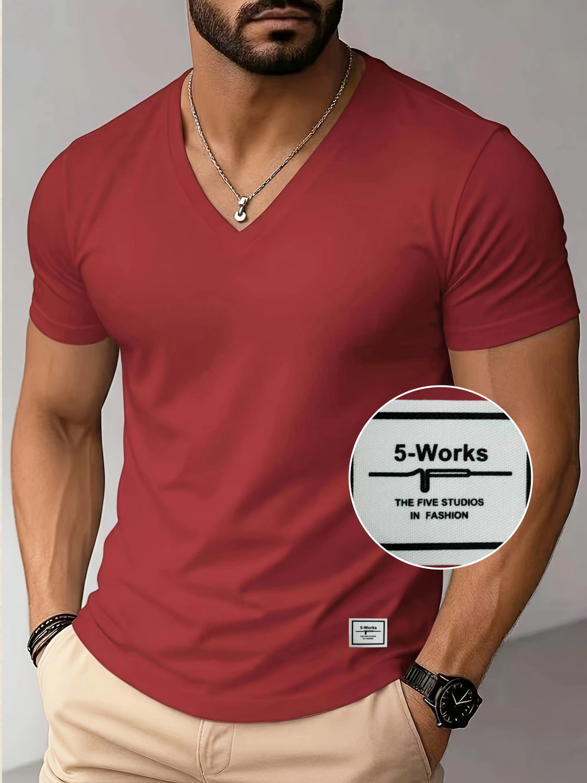 180g 100% Men's V-Neck Short-Sleeve Top, Casual T-Shirt, Solid Color Base Layer, "5-work" Summer All-Season Base Layer, Factory-Made for Men, Comfortable, High Quality, High Fit Rate, Casual Sportswear - Red