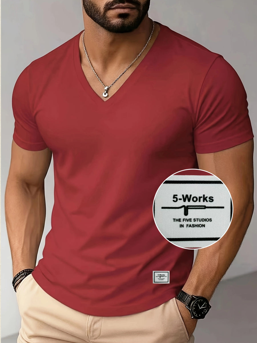 180g 100% Men's V-Neck Short-Sleeve Top, Casual T-Shirt, Solid Color Base Layer, "5-work" Summer All-Season Base Layer, Factory-Made for Men, Comfortable, High Quality, High Fit Rate, Casual Sportswear - Red