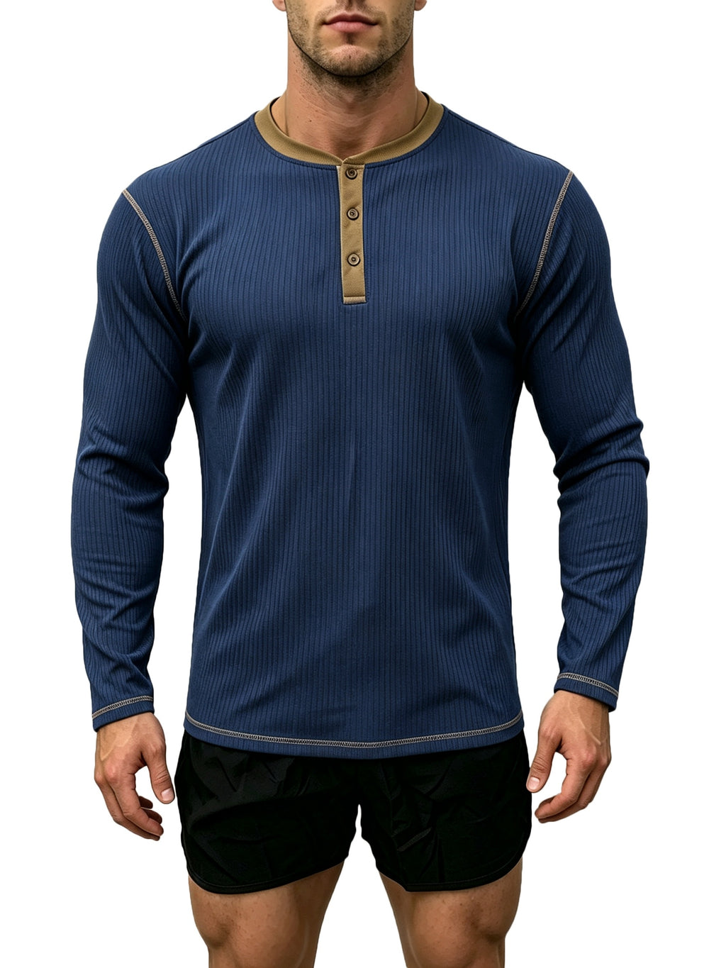 1pc Men'S Spring Summer Casual Henley Shirt, Long Sleeve T-Shirt, Retro Color-Block Trimmed Button-Front, American Easy Versatile Base Layer, Casual Commute Date Comfortable Top Single Pc - Navy Color