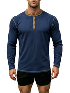 1pc Men'S Spring Summer Casual Henley Shirt, Long Sleeve T-Shirt, Retro Color-Block Trimmed Button-Front, American Easy Versatile Base Layer, Casual Commute Date Comfortable Top Single Pc - Navy Color