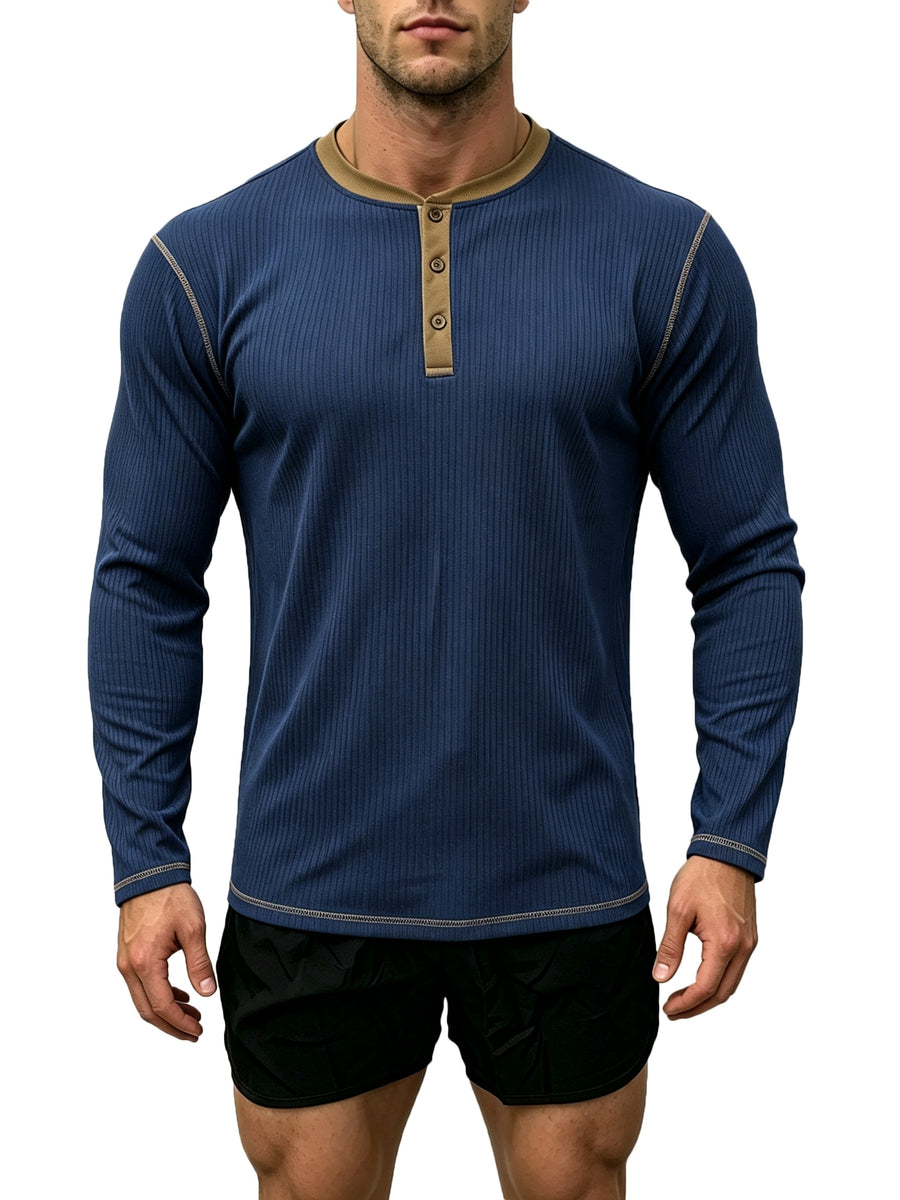 1pc Men'S Spring Summer Casual Henley Shirt, Long Sleeve T-Shirt, Retro Color-Block Trimmed Button-Front, American Easy Versatile Base Layer, Casual Commute Date Comfortable Top Single Pc - Navy Color