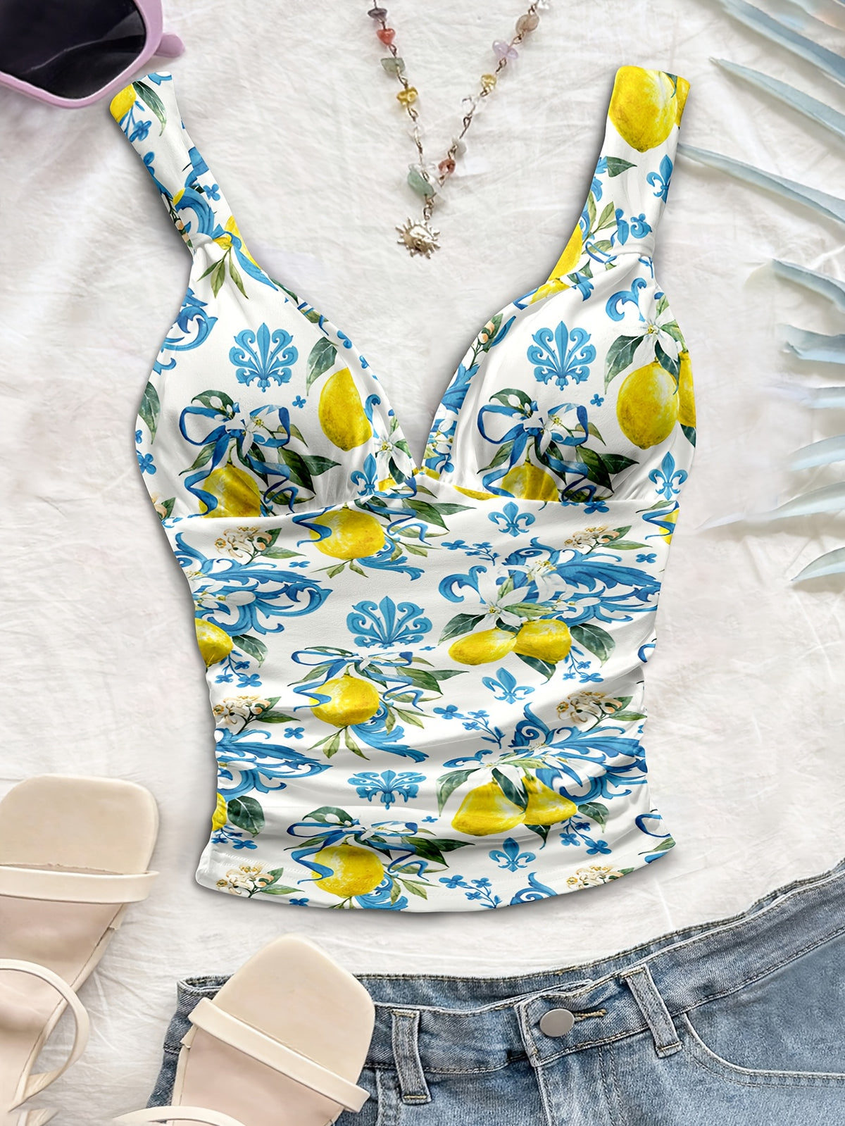 Women's Spring/summer New Hot Beach Tropical Vacation Outfits Casual Floral Slim Fit Bustier Halter Top - Peacock Blue