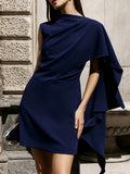 YY0824142 New Summer Women's Elegant and Fashionable Solid Color Shawl Evening Gown, Suitable for Dates and Festivals, Dress with Back Zipper Design for Women - Navy Color