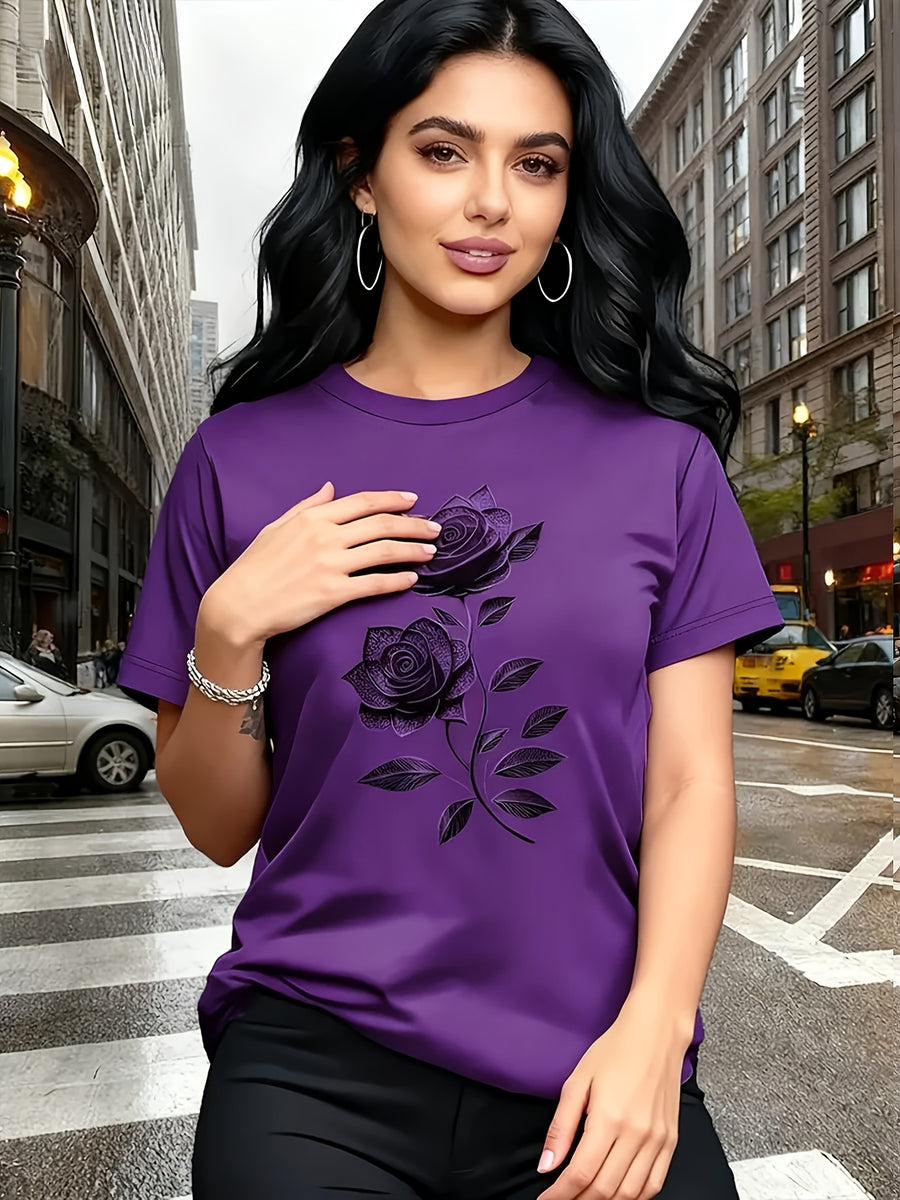 Elegant Women'S T-Shirt | Unique Rose Pattern - Casual Crew Neck Top | Breathable, Lightweight, Perfect for Spring And Summer Wardrobe - Dark Violet