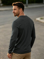 100% Men's V-neck Long-sleeve T-shirt, Men's Knitted Sweatshirt, Casual Sportswear Outdoor Top - Dark Gray