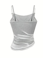 [Development WY260120078] Women's Satin Irregular Hem Side Gathers Daily Fashion Commuting Vacation Camisole Top - Silvery