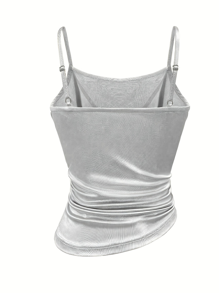 [Development WY260120078] Women's Satin Irregular Hem Side Gathers Daily Fashion Commuting Vacation Camisole Top - Silvery