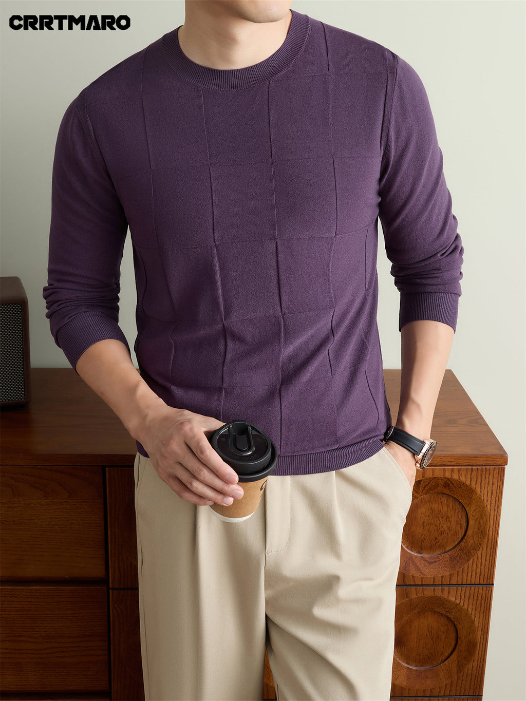Men's CRRTMARO Textured Check Sweater - Warm Crew Neck Pullover Sweater Suitable for Fall & Winter, Casual Layering Top with Solid Color Base, Regular Fit Sweater for Office, -Casual Wear (Hand Washable) - Gray Purple
