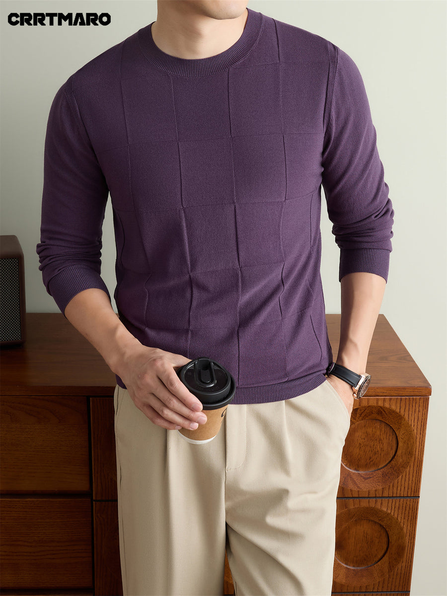 Men's CRRTMARO Textured Check Sweater - Warm Crew Neck Pullover Sweater Suitable for Fall & Winter, Casual Layering Top with Solid Color Base, Regular Fit Sweater for Office, -Casual Wear (Hand Washable) - Gray Purple