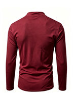 2026 New Men'S Stand Collar Cross-Strap Long Sleeve Shirt, Unique Cross-Strap Neckline Design Eye-Catching, Chest Repeating Letter Cartoon Print Trendy Individual, All-Season Wearable Inner Layer, Commute And Casual Versatile Top - Burgundy