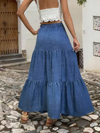 Pastoral Style Blue Ruffled Tiered Midi Skirt for Women, Elastic Waist Flowy Cake Skirt, Loose Casual Flared Skirt, for Daily Casual Wear, Beach Vacation Outfits, Streetwear - Blue