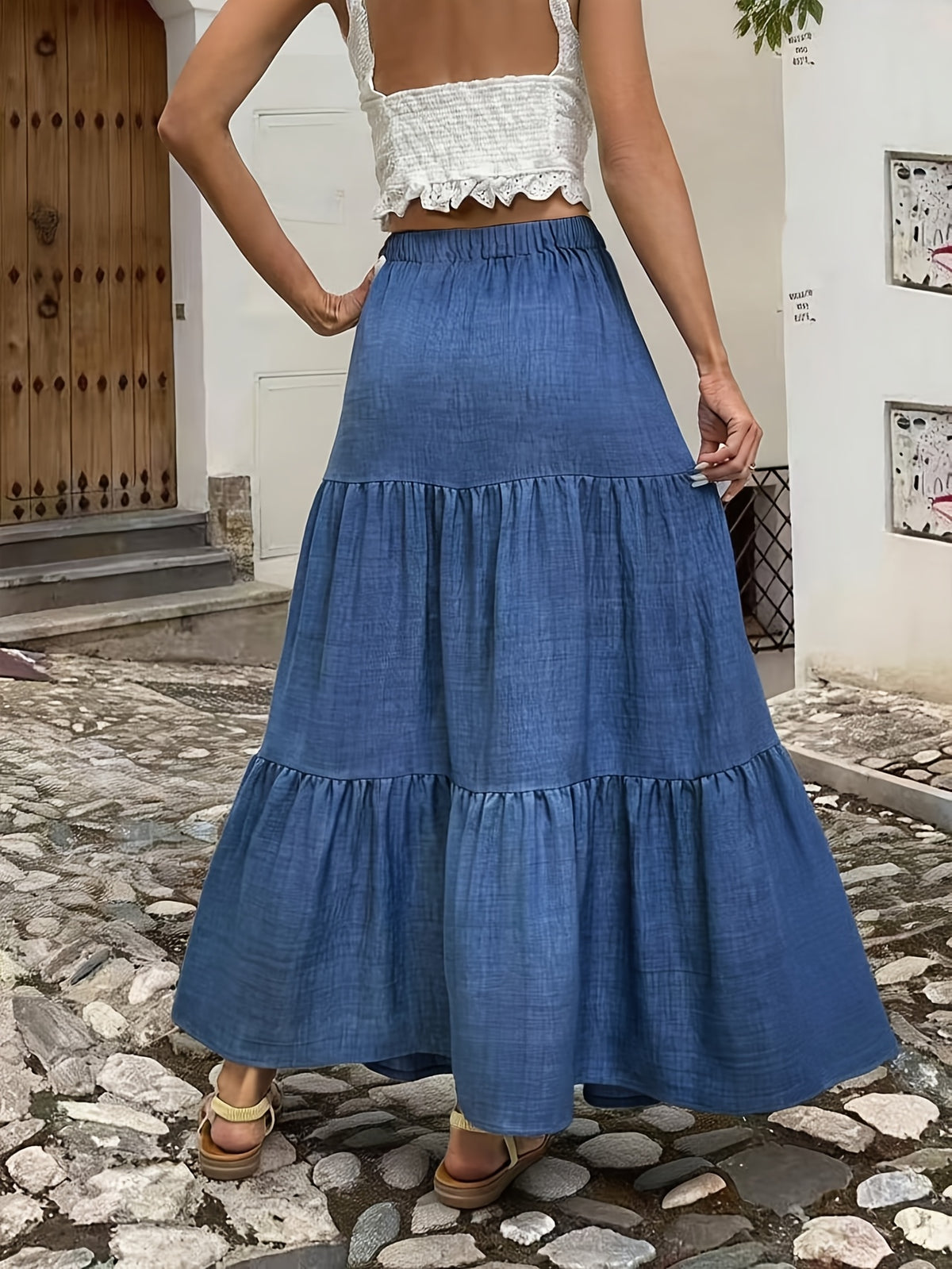 Pastoral Style Blue Ruffled Tiered Midi Skirt for Women, Elastic Waist Flowy Cake Skirt, Loose Casual Flared Skirt, for Daily Casual Wear, Beach Vacation Outfits, Streetwear - Blue