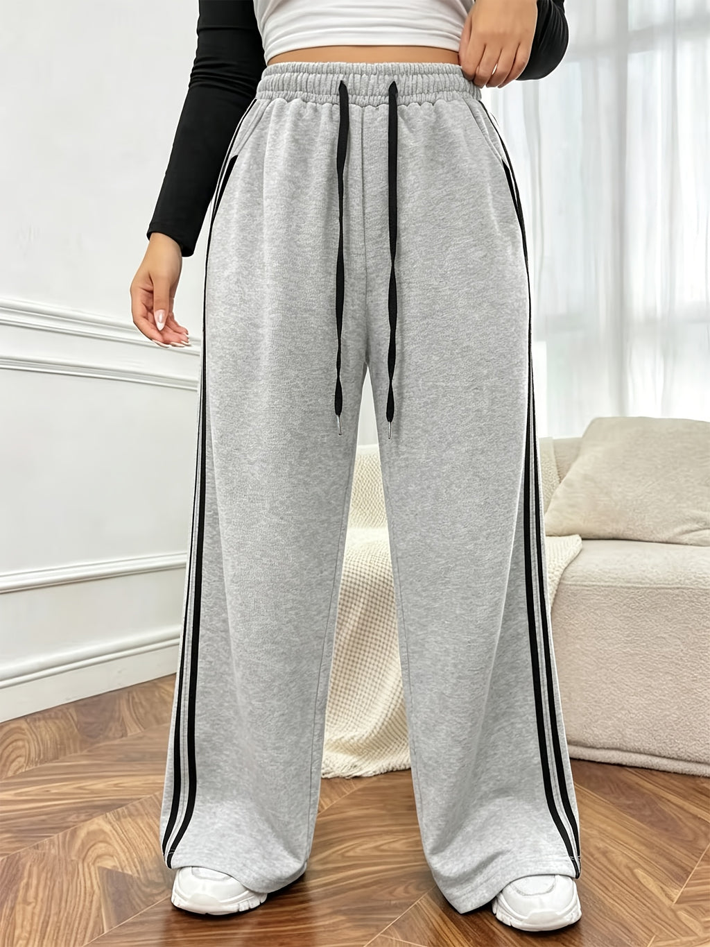 Women'S Athletic Casual Color-Block Pants, Side Stripe Patchwork Wide-Leg Trousers, Suitable for Running, Fitness, And All-Casual Occasions - Light Grey
