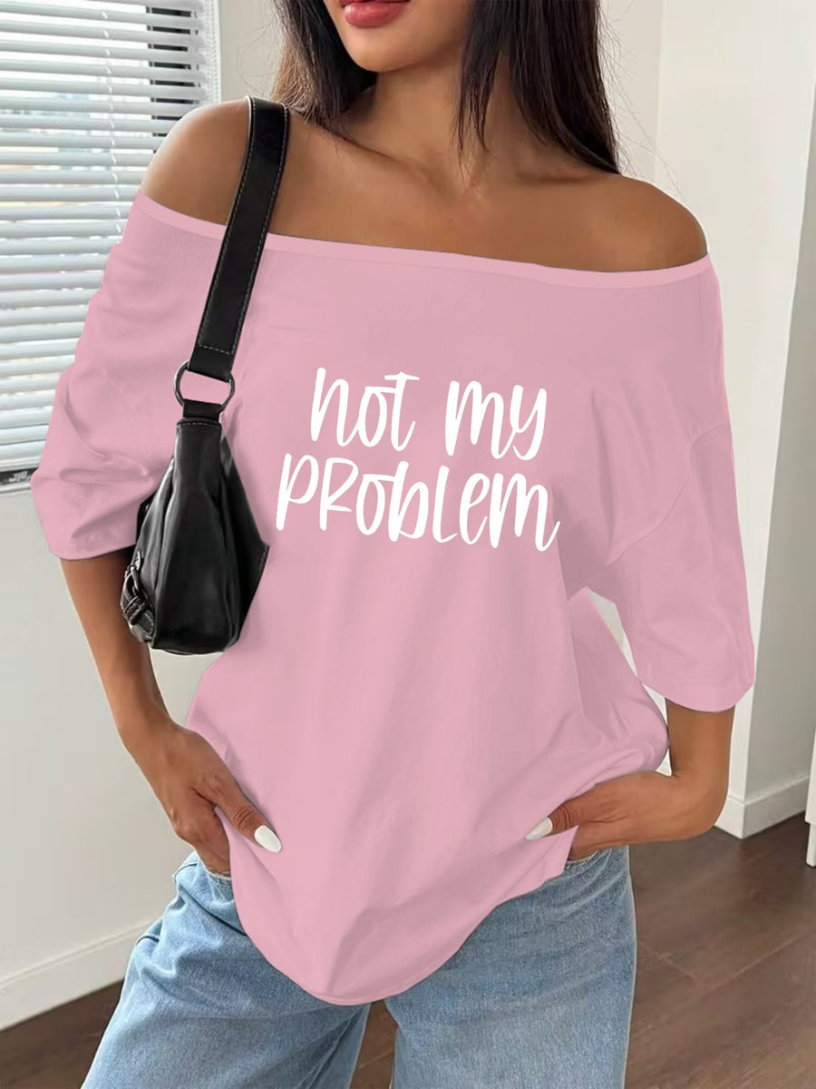 Women's Off-Shoulder Short Sleeve T-Shirt - Breathable Stretch Fabric Oversized Loose Fit Top with Off-Shoulder Neckline & Lettering Print, Soft Suitable for Spring Summer Beachwear, Casual Blouse for Layering - pink