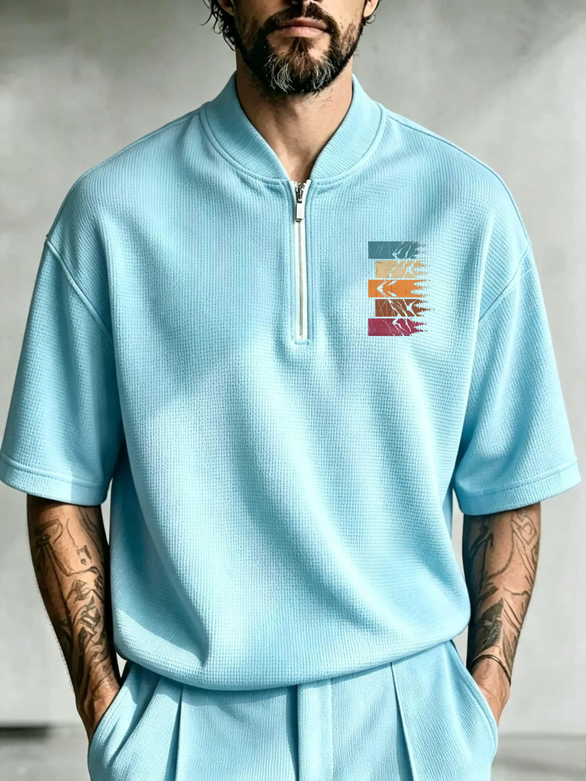 Men'S Half-Zip Stand Collar Plaid Knit T-Shirt, Retro Gradient Striped Abstract Ripped Color-Block Chest Print Loose Breathable Summer Casual Short-Sleeve Top - Sky Blue