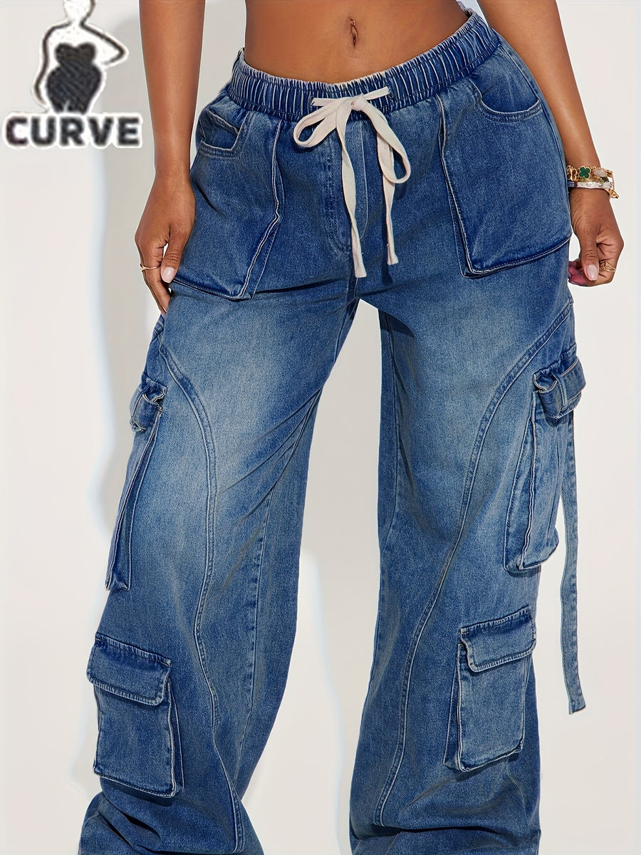 Women's Plus Size Washed Denim Elastic Waist Stretch Cargo Pants - Deep Blue