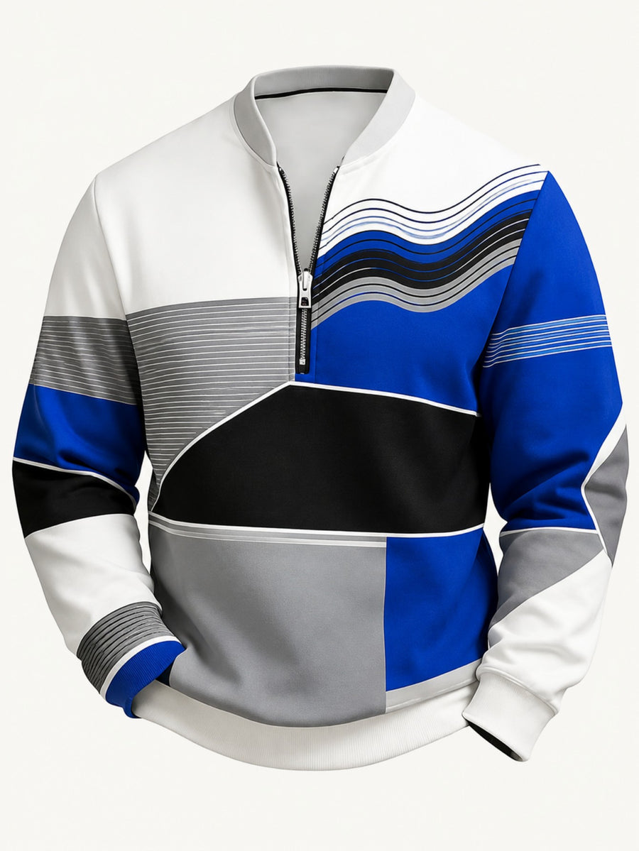 Men's Color-Block Printed Half-Zip Stand Collar Sweatshirt, a Versatile Style for Daily Casual Commuting and Outdoor Wear in Spring and Autumn - Mixed colors
