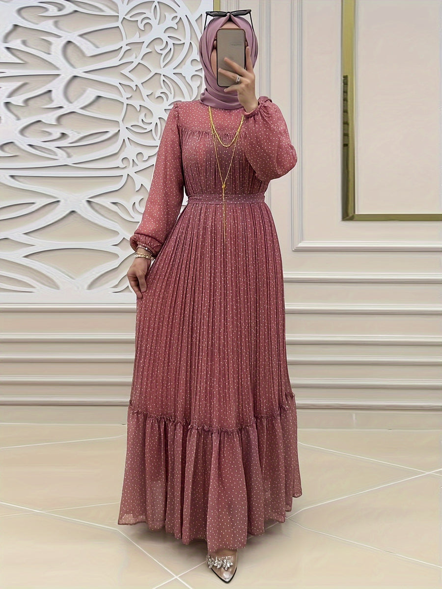 Women'S Middle Eastern Muslim Chiffon Polka Dot Print Long Dress - The color of rouge