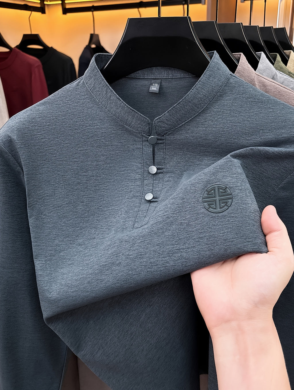 Men's Long-Sleeve T-Shirt with Chinese-Style Stand-Up Collar and Three Buttons, Spring/Autumn Fit Style Casual Base Layer Top - Dark Gray