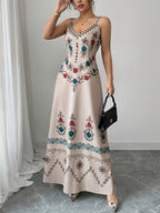 Women's Elegant Deep V-Neck Spaghetti Strap A-Line Dress with Slit Hem & Cinched Waist - Tailored Long Length Wedding Guest Dress, Bridesmaid Dress Suitable for Commuting,, Parties - Khaki
