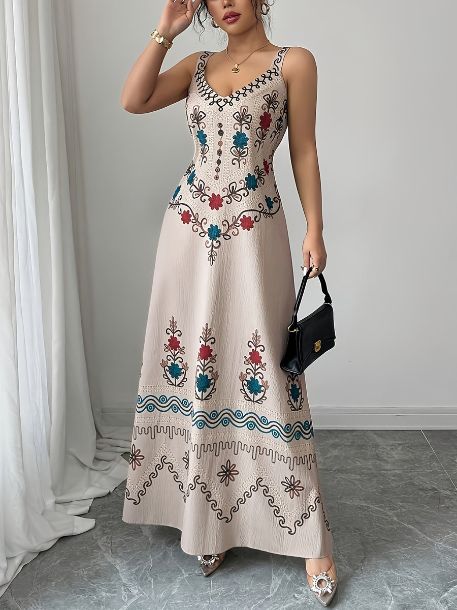 Women's Elegant Deep V-Neck Spaghetti Strap A-Line Dress with Slit Hem & Cinched Waist - Tailored Long Length Wedding Guest Dress, Bridesmaid Dress Suitable for Commuting,, Parties - Khaki