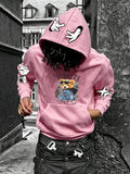 Men'S Autumn/Winter Hoodie, Wearing Sunglasses with Faux Denim Jacket Teddy Bear Street Style Print Hooded Sweatshirt, Street Fashion Men'S Hooded Sweatshirt, Casual Relaxed Fit, Suitable for Daily Wear, Casual Sportswear - pink