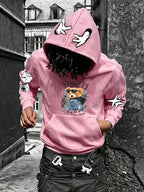 Men'S Autumn/Winter Hoodie, Wearing Sunglasses with Faux Denim Jacket Teddy Bear Street Style Print Hooded Sweatshirt, Street Fashion Men'S Hooded Sweatshirt, Casual Relaxed Fit, Suitable for Daily Wear, Casual Sportswear - pink