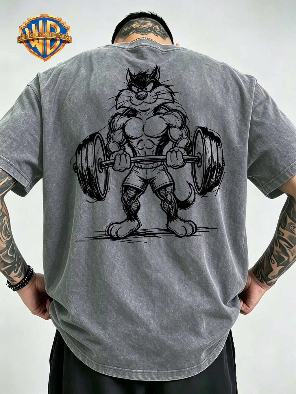 Warner Bros Official Hand-Drawn Line Art Big Silly Cat Print Washed Distressed T-Shirt, Men's 100% Pure Cotton Fabric, Casual and Comfortable Style, Loose Fit Breathable Short Sleeve Men's Casual Top, Distressed Washed Loose Fit - Grey